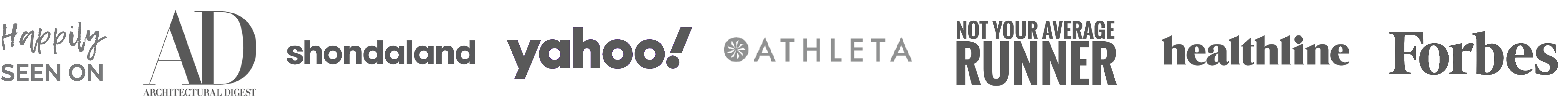 the image says happily seen on and features the logos of architectural digest, shondaland, yahoo, athleta, not your average runner, healthline and forbes